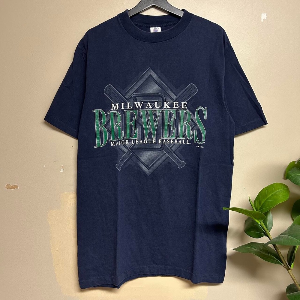 Vintage 90s Milwaukee Brewers Logo 7 Graphic Shirt Mens Large Tall Navy MLB